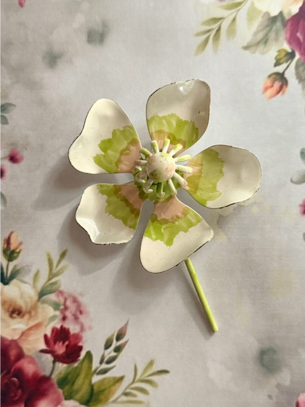 Decorative Enamel brooch. Accent in Cream, Green, and Pink